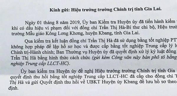 Công văn đề nghị thu hồi bằng Trung cấp LLCTHC của UBKT huyện ủy Kbang 