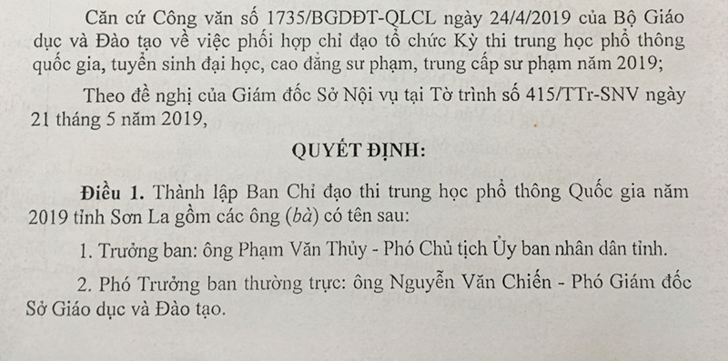 Quyết định thành lập BCĐ thi THPT Quốc gia 2019 tỉnh Sơn La Quyết định thành lập BCĐ thi THPT Quốc gia 2019 tỉnh Sơn La