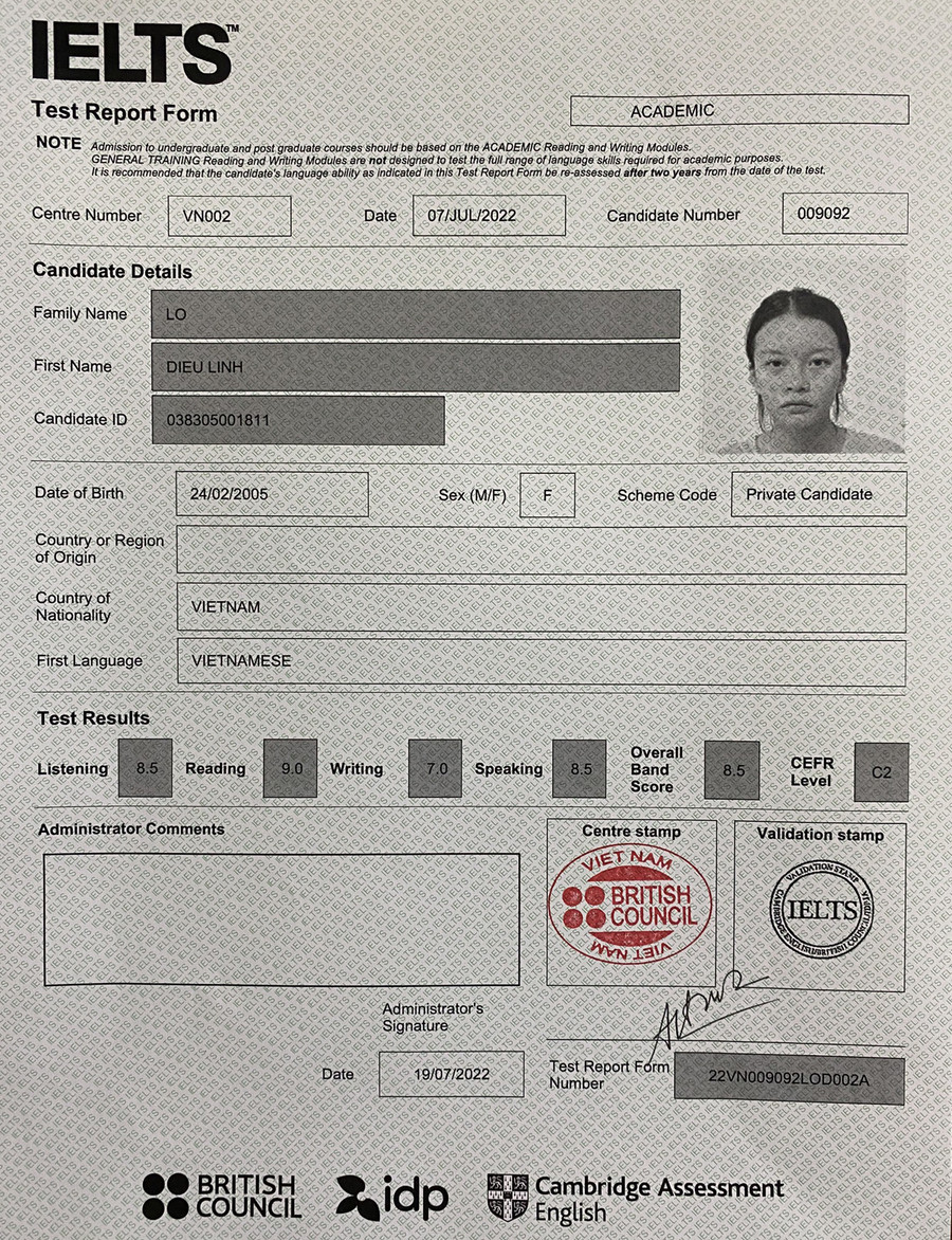 Chứng chỉ IELTS 8.5 của nữ sinh Lò Diệu Linh. Ảnh: LT.