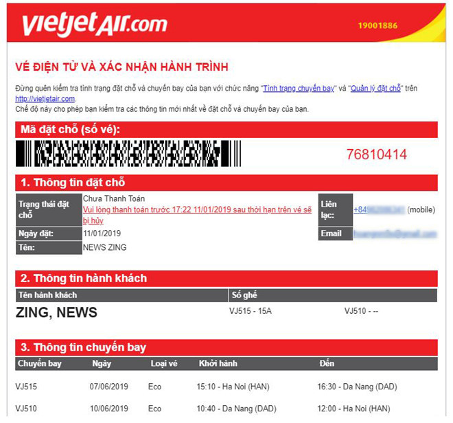 Chức năng thanh toán sau cho phép các đối tượng lừa đảo tạo ra những mã đặt chỗ "ảo" với thông tin hành khách và thông tin đặt chỗ có thể tra cứu trên hệ thống của hãng bay, trong 24 giờ đầu tiên, không khác biệt nhiều so với vé thật. Lua dao ve may bay gia tiep tuc no ro truoc Tet Nguyen dan 2019 hinh anh 1