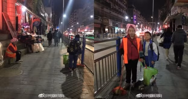 Dân mạng tấm tắc khen cậu bé hiếu thảo ra đường quét rác giúp người mẹ lao công 0