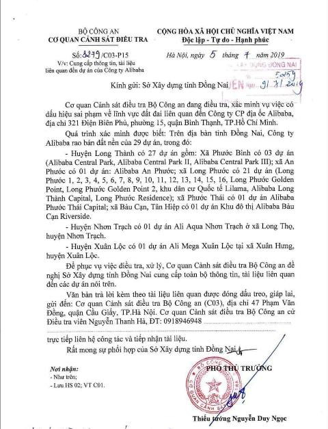 Văn bản số 3279 của Bộ Công an gửi Sở Xây dựng tỉnh đồng Nai đề nghị phối hợp điều tra sai phạm của Công ty Alibaba Văn bản số 3279 của Bộ Công an gửi Sở Xây dựng tỉnh đồng Nai đề nghị phối hợp điều tra sai phạm của Công ty Alibaba