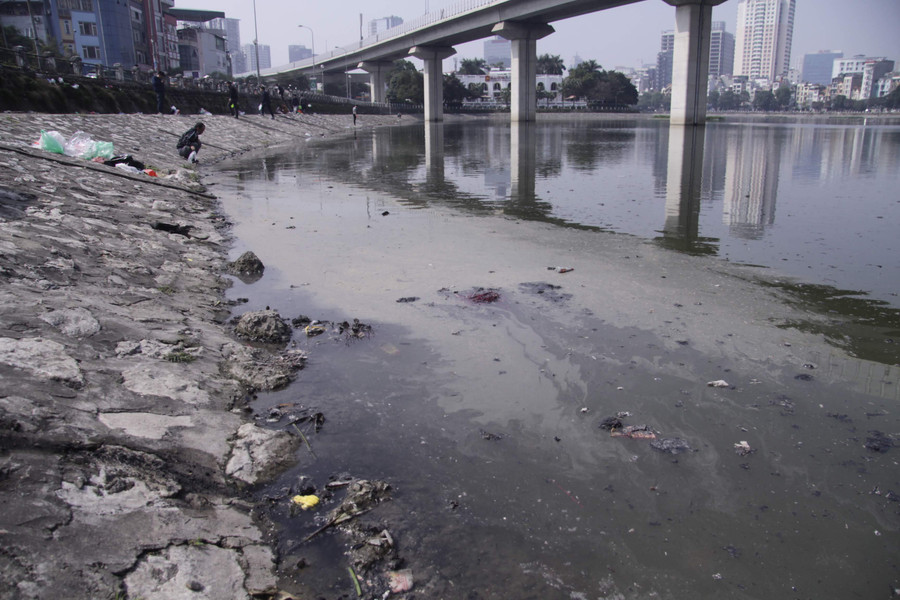 Mặt hồ Hoàng Cầu xuất hiện nhiều “váng” của tro vàng mã, đen hết khu vực ven hồ