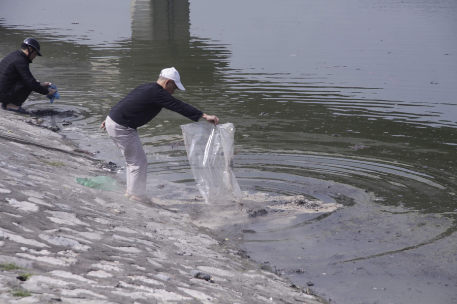 Cùng với đó nhiều túi nilon đựng tro vàng mã cũng được rải thẳng xuống mặt nước hồ
