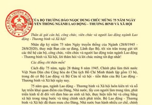 Thư chúc mừng của Bộ trưởng Bộ LĐ-TB&XH Đào Ngọc Dung