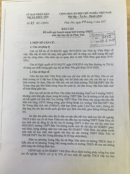 Các căn cứ được UBND thị xã Phúc Yên đưa ra để báo cáo với UBND tỉnh liên quan đến việc tách khối THCS của Trường Hai Bà Trưng về trực thuộc phòng GDĐT thị xã. “Xóa sổ” ngôi trường 25 năm tuổi ở Vĩnh Phúc: Hiệu trưởng cũng bất ngờ! (kỳ 2) ảnh 1