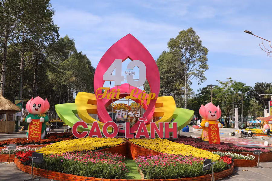 Đường hoa Xuân gắn với sự kiện kỷ niệm 40 năm tái lập thị xã Cao Lãnh.