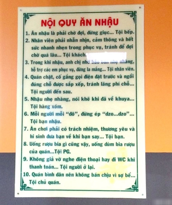 10 nội qui khi ăn nhậu tại quán của anh