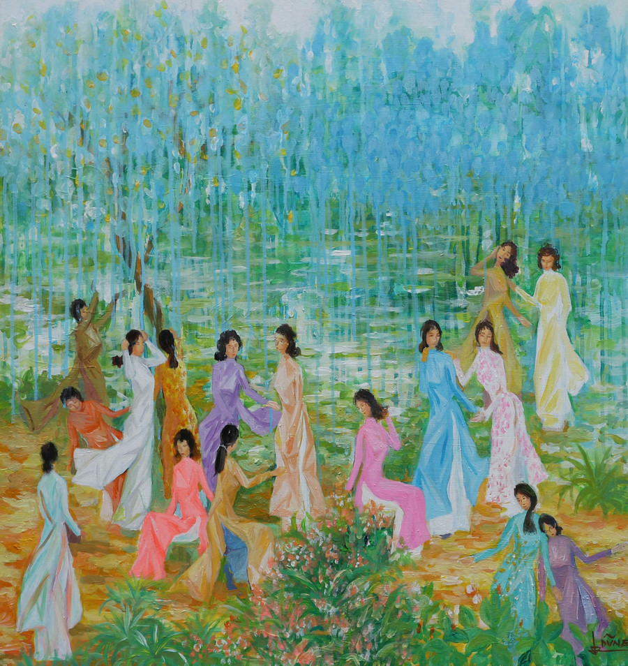 Vẻ đẹp phụ nữ Việt với tà áo dài luôn là đề tài độc đáo của hội họa Việt.