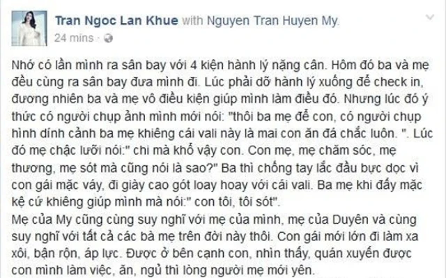 Lan Khuê tỏ ra đồng cảm với đồng nghiệp về tranh cãi để mẹ xách vali