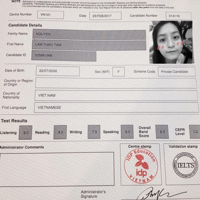 Thảo tâm chia sẻ kết quả thi IELTS trên trang cá nhân. Nu sinh 17 tuoi dat 8.5 IELTS trong lan thi dau tien hinh anh 1