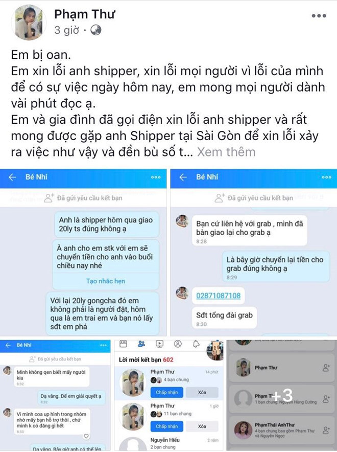 Ngày 9.6, chị Thư đã đăng lên trang cá nhân để giải thích về vụ việc bùng trà sữa