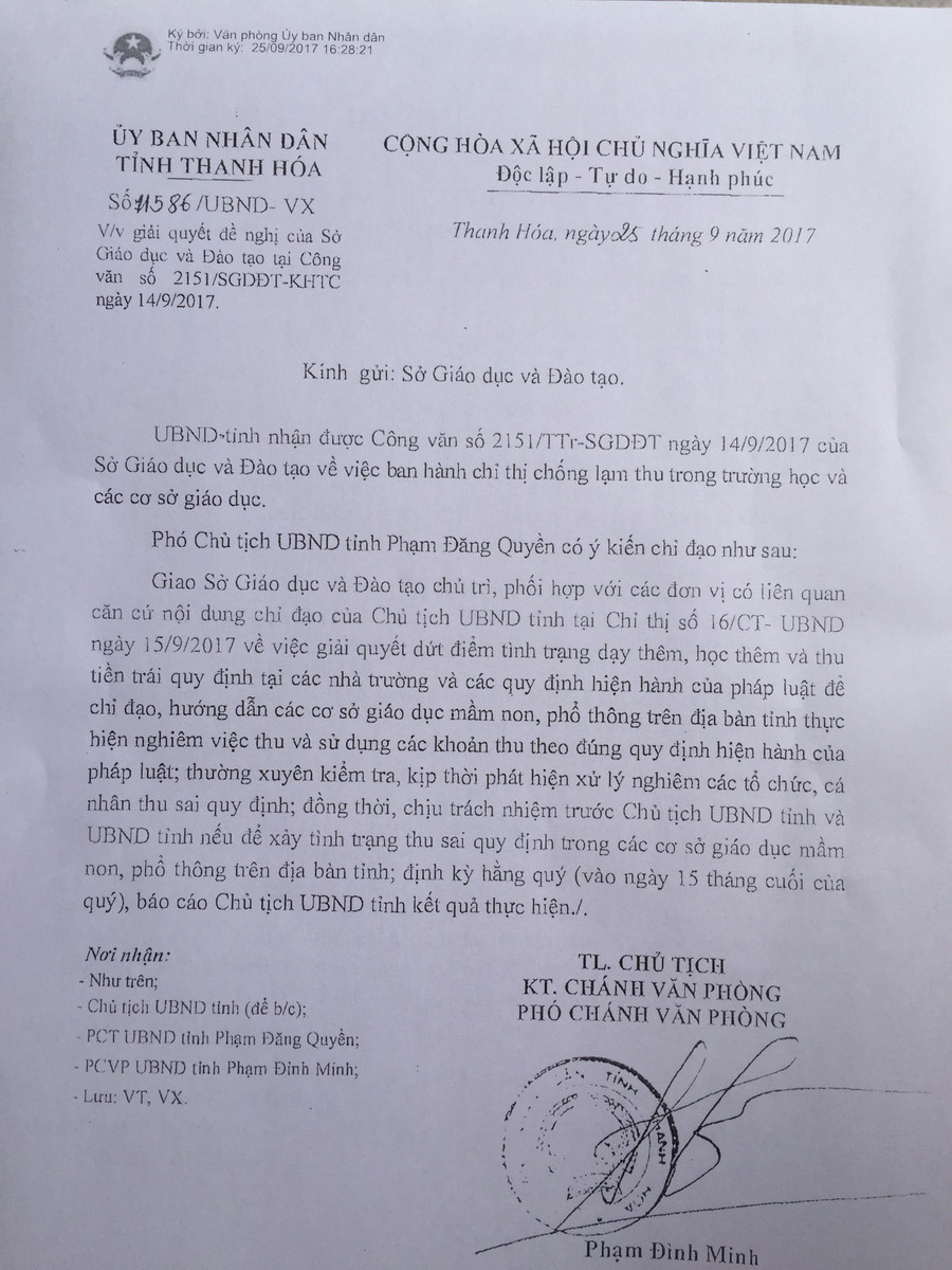 Văn bản chỉ đạo chống lạm thu của Phó chủ tịch UBND tỉnh Thanh Hóa.