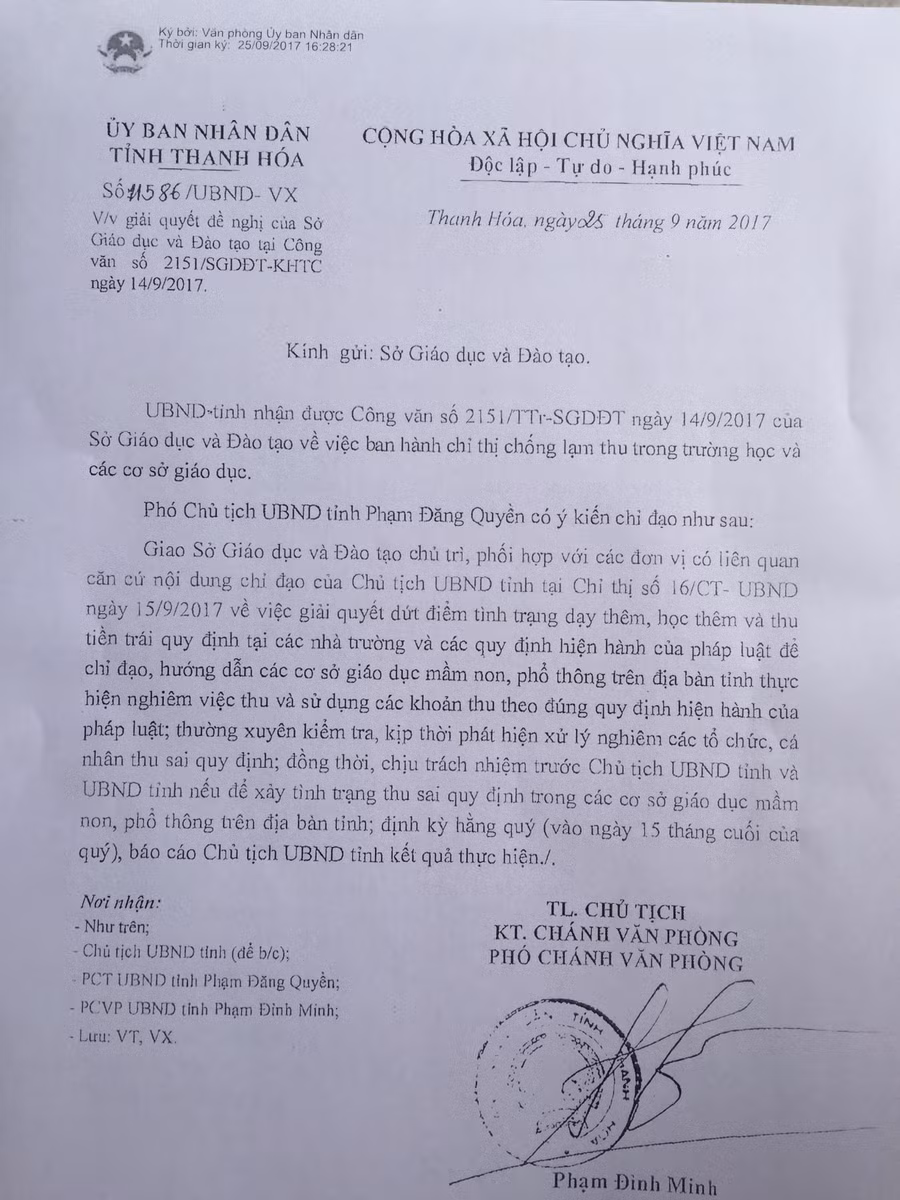 Văn bản chỉ đạo chống lạm thu của Phó chủ tịch UBND tỉnh Thanh Hóa.