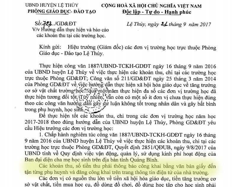 Văn bản yêu cầu các cơ sở giáo dục công khai các khoản thu cho phụ huynh bằng giấy của phòng GD&ĐT huyện Lệ Thuỷ