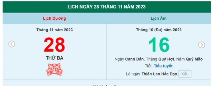 Lịch âm hôm nay - Xem lịch âm ngày 28/11/2023