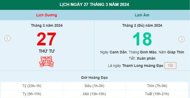 Lịch âm hôm nay - Xem lịch âm ngày 27/3