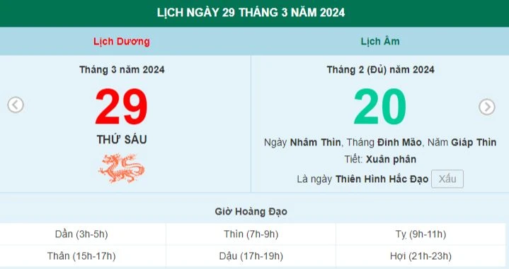 Lịch âm hôm nay - Xem lịch âm ngày 29/3