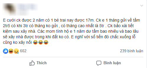 Gửi 2,5 triệu/tháng cho vợ nuôi con nhỏ còn dặn “tiêu tiết kiệm để xây nhà”, chị em vào hỏi một câu cực chí lý ảnh 1 Chồng gửi 2,5 triệu/tháng cho vợ nuôi con nhỏ còn dặn tiêu tiết kiệm để xây nhà, chị em vào hỏi 1 câu cực chí lý-1