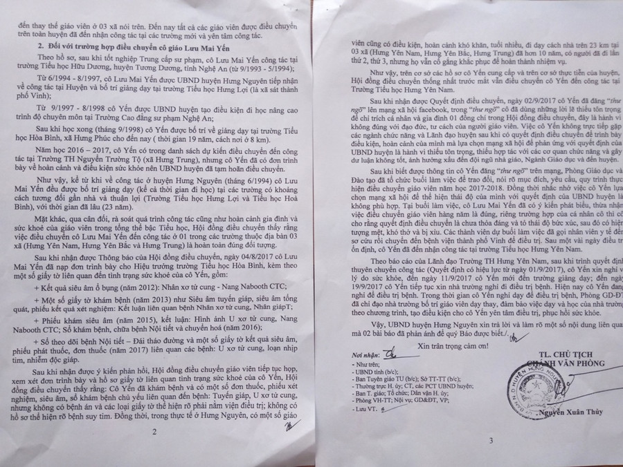 Công văn của UBND huyện Hưng Nguyên thông tin về sự việc luân chuyển giáo viên đau yếu Công văn của UBND huyện Hưng Nguyên thông tin về sự việc luân chuyển giáo viên đau yếu