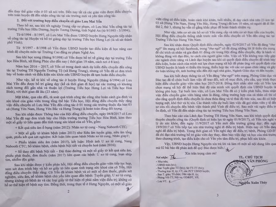 Công văn của UBND huyện Hưng Nguyên thông tin về sự việc luân chuyển giáo viên đau yếu