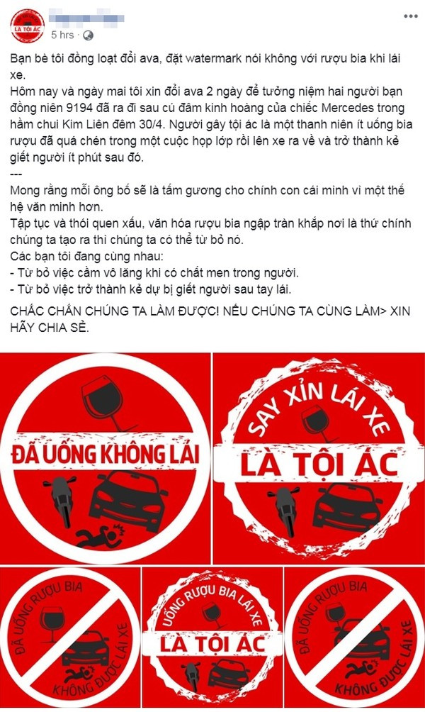 Bài đăng của chị Nga về trào lưu thay avatar phản đối rượu bia. Bài đăng của chị Nga về trào lưu thay avatar phản đối rượu bia.