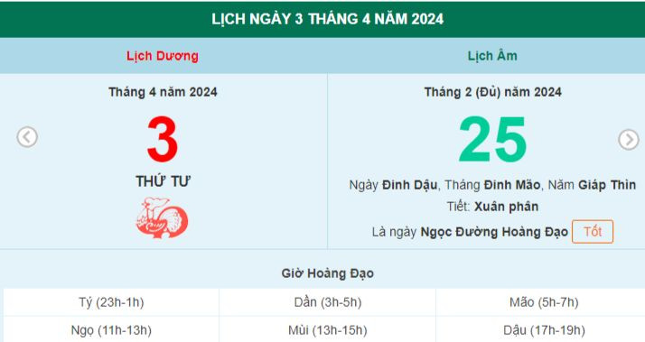 Lịch âm hôm nay - Xem lịch âm ngày 3/4