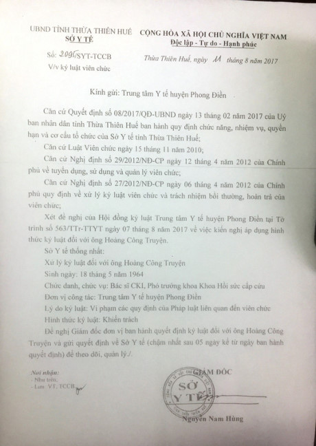 Công văn Sở Y tế đồng ý hình thức kỷ luật đối với bác sĩ Truyện Công văn Sở Y tế đồng ý hình thức kỷ luật đối với bác sĩ Truyện
