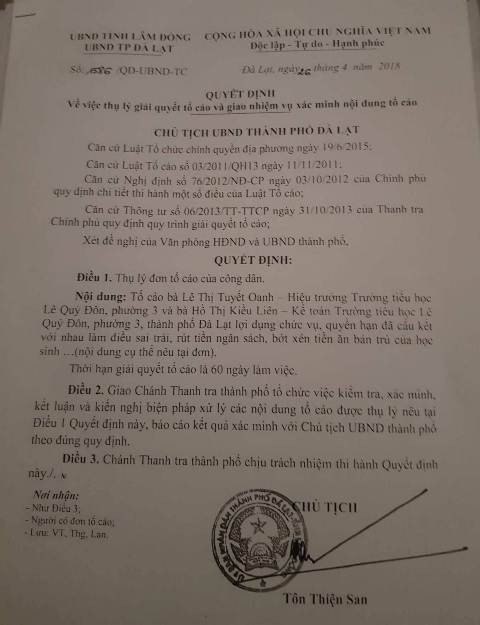 Quyết định của UBND TP Đà Lạt do Chủ tịch Tôn Thiện San ký chuyển giao Thanh tra TP Đà Lạt điều tra, giải quyết vụ việc