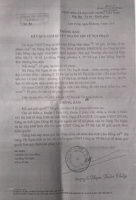 Thông báo số 44 của Công an tỉnh Lâm Đồng do Thượng tá Phạm Xuân Thủy ký ngày 22/5/2018 về việc tiếp nhận và gải quyết nguồn tin tố cáo của bà Đ.T.N