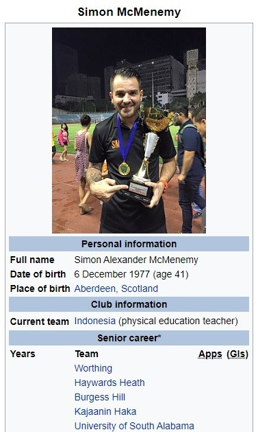 Trang thông tin của HLV Simon McMenemy trên wikipedia, phần nghề nghiệp bị sửa thành... giáo viên thể dục (physical education teacher). Trang thông tin của HLV Simon McMenemy trên wikipedia, phần nghề nghiệp bị sửa thành... giáo viên thể dục (physical education teacher).