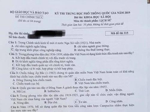 Đáp án chính thức môn Lịch sử kỳ thi THPT quốc gia 2019 của Bộ GD&ĐT