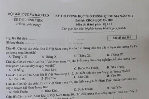 Đáp án chính thức môn Địa lý kỳ thi THPT quốc gia 2019 của Bộ GD&ĐT