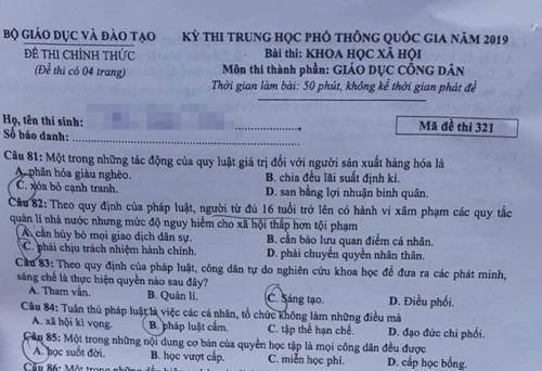 Đáp án chính thức môn Giáo dục Công dân thi THPT quốc gia 2019 của Bộ GD&ĐT