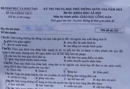 Đáp án chính thức môn Giáo dục Công dân thi THPT quốc gia 2019 của Bộ GD&ĐT