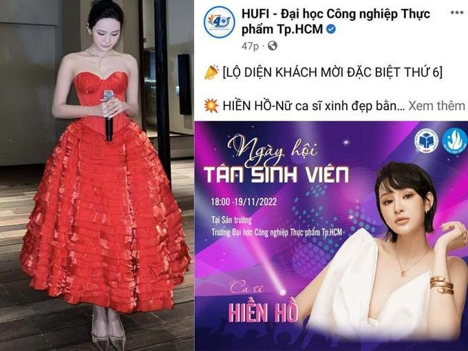 Ca sĩ Hiền Hồ được giới thiệu là khách mời trên Fanpage của Trường ĐH Công nghiệp Thực phẩm TPHCM (Ảnh: Chụp lại màn hình). Ca sĩ Hiền Hồ được giới thiệu là khách mời trên Fanpage của Trường ĐH Công nghiệp Thực phẩm TPHCM (Ảnh: Chụp lại màn hình).
