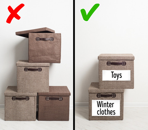 Hộp đựng đồ: Nếu có quá nhiều hộp đựng, bạn sẽ bị lẫn lộn không biết mỗi chiếc đựng thứ gì ở bên trong. Bạn chỉ nên dùng hộp để tích trữ những thứ ít sử dụng, kèm theo nhãn đề đồ ở bên trong.