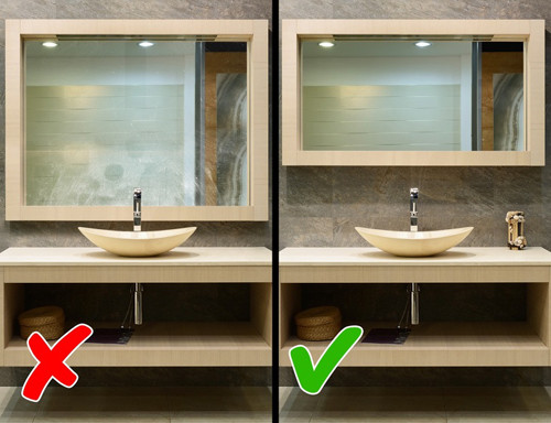 Gương lớn trong nhà vệ sinh: Hơi nước sẽ nhanh chóng đọng và phủ mờ trên gương sau mỗi lần bạn tắm rửa. Bạn sẽ bắt buộc phải lau chùi chúng để các thành viên khác trong nhà sử dụng WC. Bởi vậy, bạn nên dùng gương có kích thước vừa phải để không tốn quá nhiều công sức và thời gian.