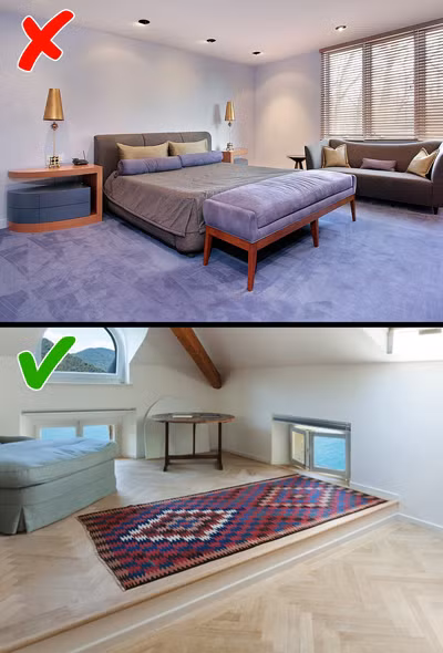 Thảm phủ kín sàn: Chỉ cần một vết bẩn trên thảm là bạn phải thuê người làm sạch hoặc thay thế. Những tấm thảm khổ quá lớn, phủ kín nhà vừa tốn tiền mua vừa mất nhiều công vệ sinh. Nếu không, chúng sẽ tích bụi và vi khuẩn gây hại cho sức khỏe.