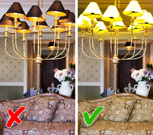 Chụp đèn quá to hoặc có màu tối: Nếu bạn cần trong nhà chan hòa ánh sáng, đừng nên lựa chọn những chiếc đèn có bóng bị chụp đèn che phủ hết.