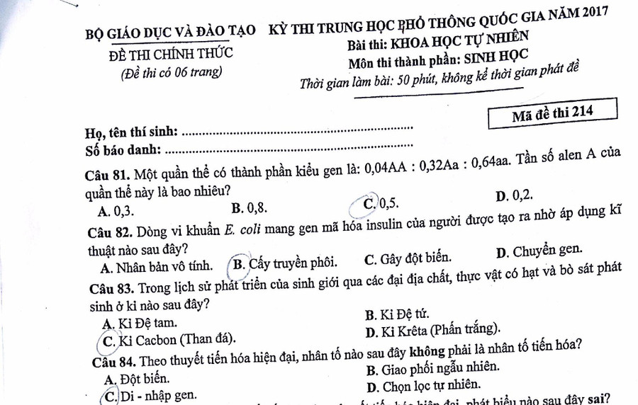 Đề thi, bài giải môn Sinh học THPT quốc gia 2017 