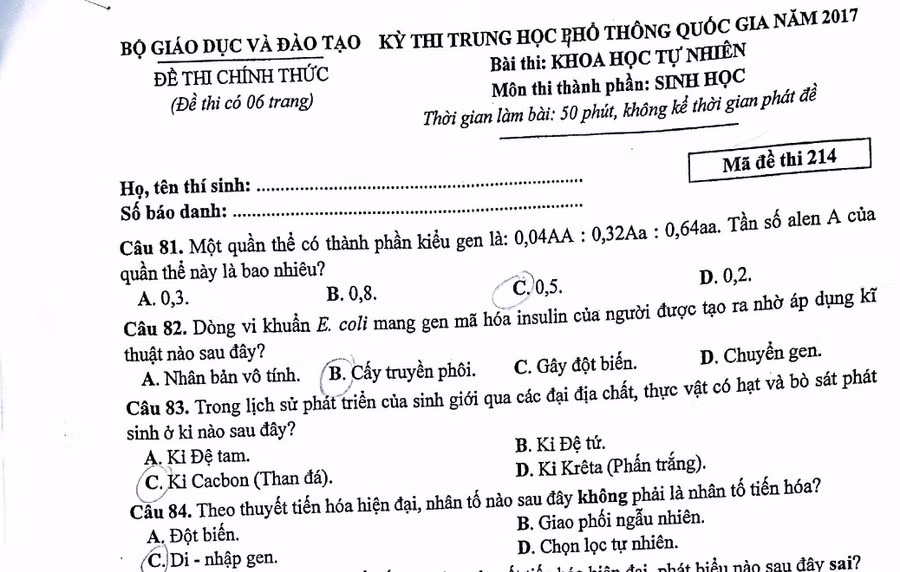 Đề thi, bài giải môn Sinh học THPT quốc gia 2017 