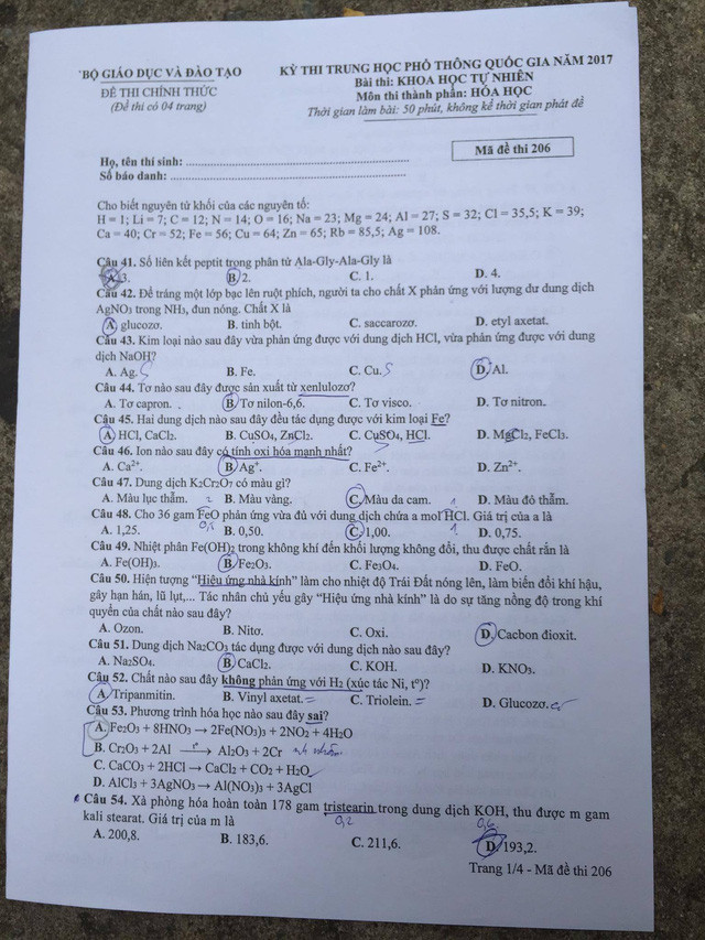 Đề thi môn Hóa học kỳ thi THPT quốc gia 2017 ảnh 1