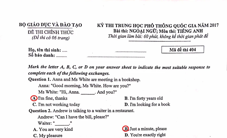 Đề và gợi ý đáp án môn Tiếng Anh kỳ thi THPT quốc gia 2017 