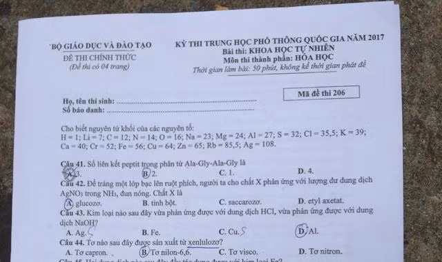 Đề thi môn Hóa học kỳ thi THPT quốc gia 2017 