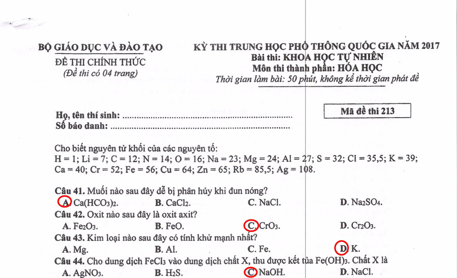 Đề thi, gợi ý giải đề môn Hóa học kỳ thi THQG 2017 (Mã đề 213)