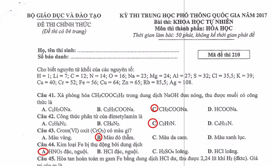 Đề thi, gợi ý giải đề môn Hóa học kỳ thi THQG 2017 (Mã đề 210)