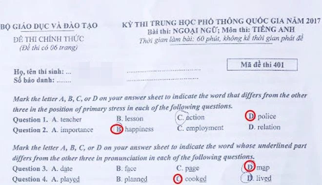 Đáp án môn tiếng Anh THPT quốc gia 2017