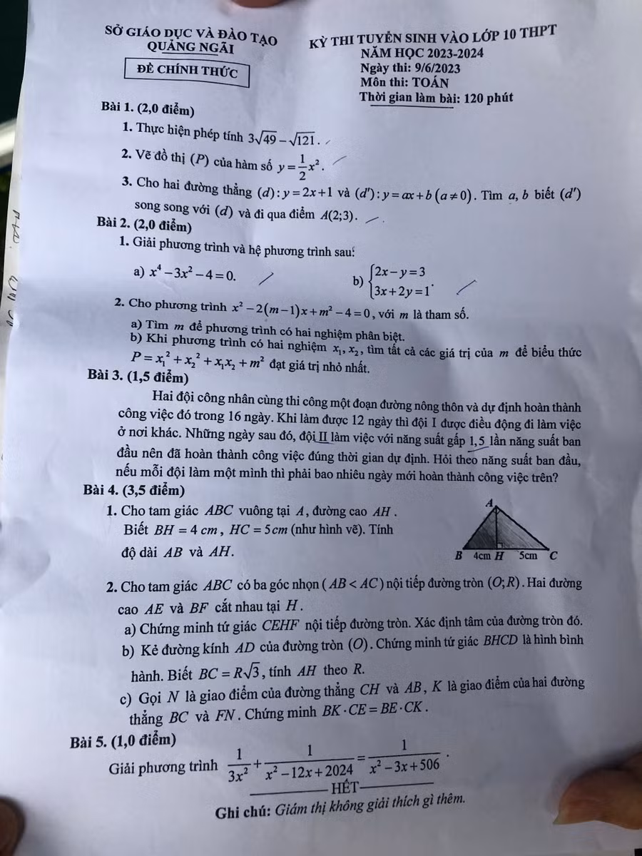 Đề thi môn Toán tuyển sinh vào lớp 10 tại Quảng Ngãi.