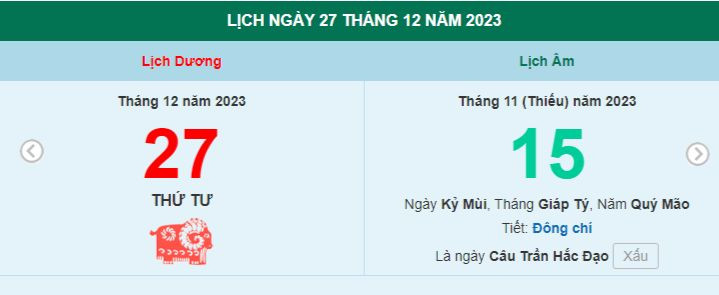 Lịch âm hôm nay - Xem lịch âm ngày 27/12